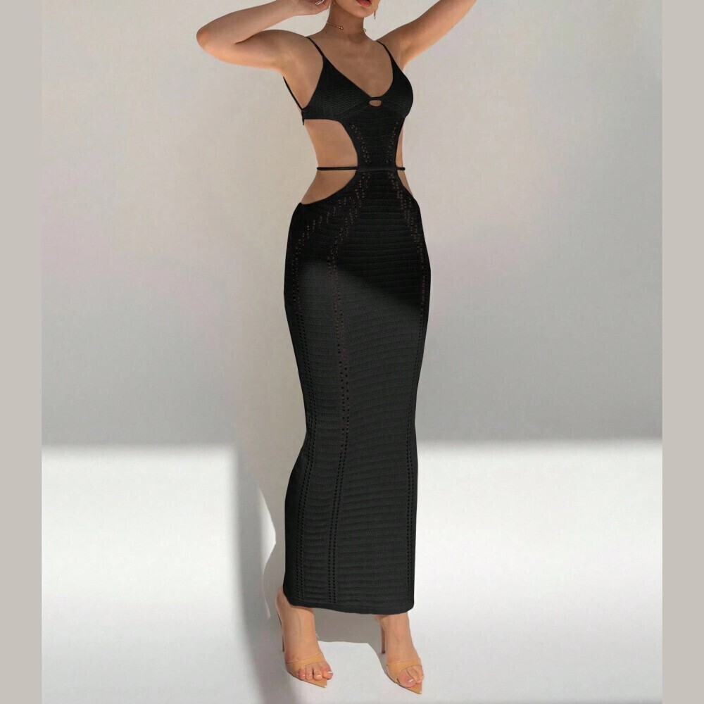 Black Knit Cutout Waist Spaghetti Strap Slim Fit Maxi Dress